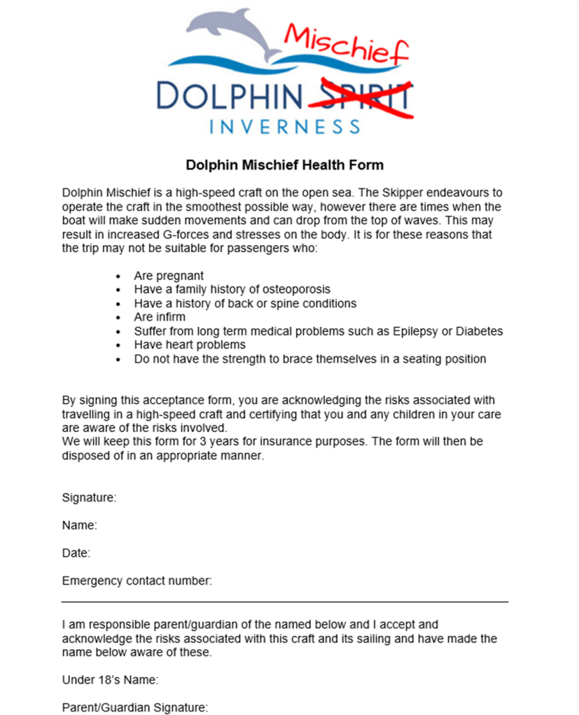 Health form for 'Dolphin Mischief' high-speed sea craft with conditions and signature fields.